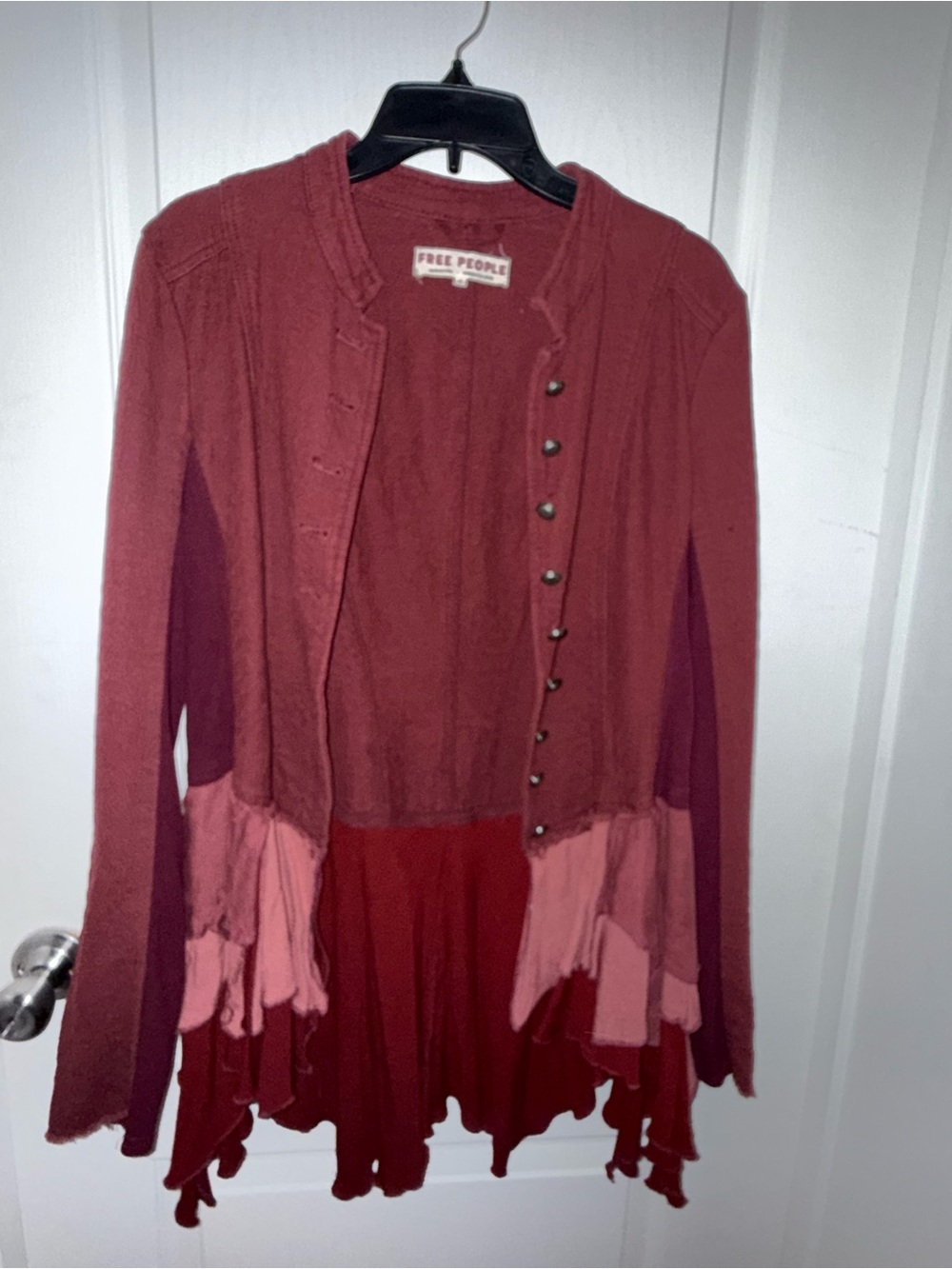 Free People Women's Mixed Red and Pink Ruffled Button Cardigan